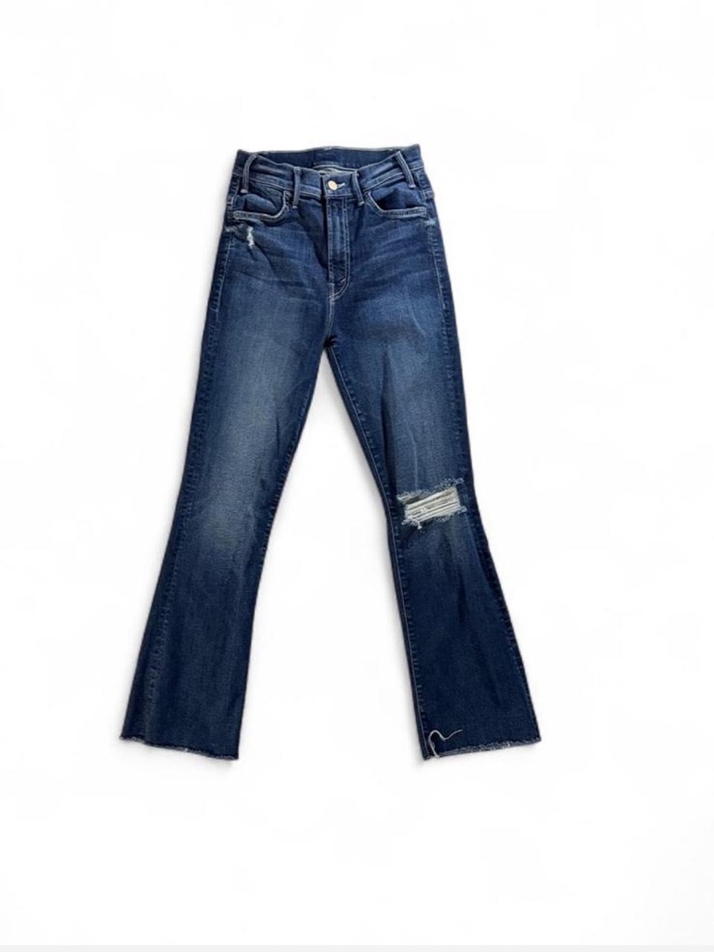 MOTHER Dark Blue Flare Jeans with Knee Distress
